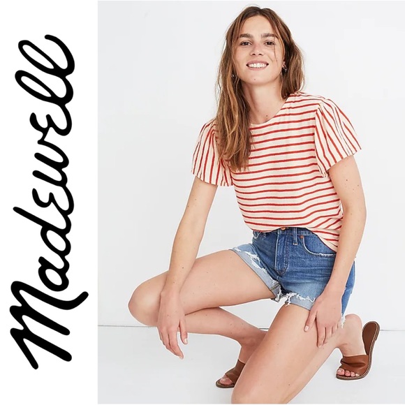 Madewell sz XS Flutter-Sleeve Tee top in Yorktown Stripe beige red striped - Picture 1 of 16